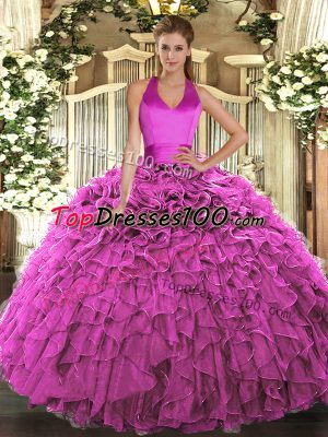 Fuchsia Ball Gowns Halter Top Sleeveless Organza Floor Length Lace Up Ruffles Quinceanera Dresses