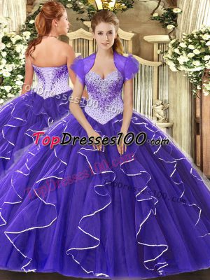 Floor Length Purple Quince Ball Gowns Sweetheart Cap Sleeves Lace Up