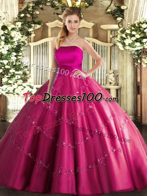 Tulle Strapless Sleeveless Lace Up Appliques Ball Gown Prom Dress in Hot Pink