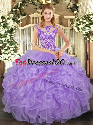 Great Lavender Scoop Neckline Beading and Appliques and Ruffles Quinceanera Gowns Cap Sleeves Lace Up