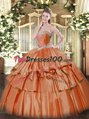 Romantic Rust Red Lace Up Sweetheart Beading and Ruffled Layers Quince Ball Gowns Organza Sleeveless