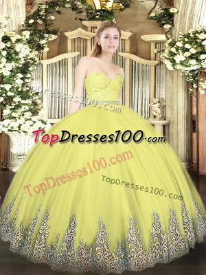 Elegant Yellow Mermaid Sweetheart Sleeveless Tulle Floor Length Zipper Beading and Lace and Appliques 15th Birthday Dress