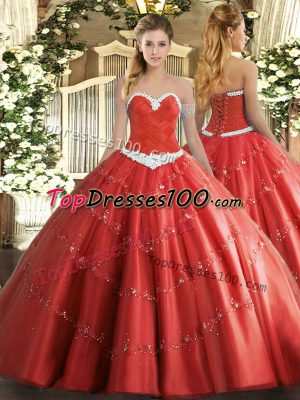 Coral Red Tulle Lace Up Quinceanera Dress Sleeveless Floor Length Appliques