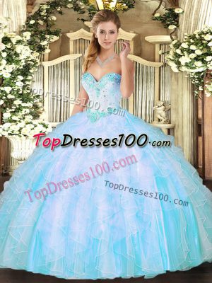 Top Selling Sleeveless Lace Up Floor Length Beading and Ruffles Quinceanera Gown