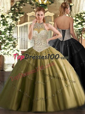 Brown Tulle Lace Up Quinceanera Dresses Sleeveless Floor Length Beading and Appliques