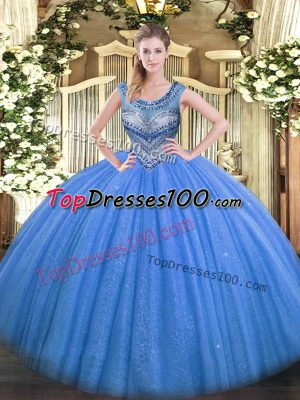 Glittering Floor Length Ball Gowns Sleeveless Blue Quince Ball Gowns Lace Up