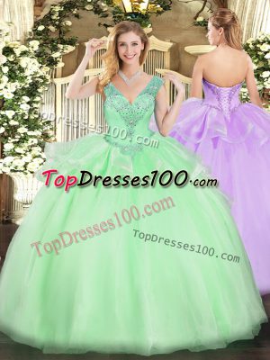 Amazing Sleeveless Tulle Floor Length Lace Up Sweet 16 Dress in Apple Green with Beading