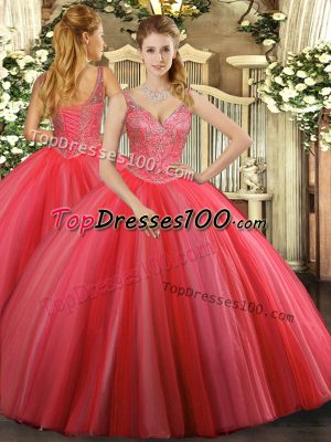 Floor Length Ball Gowns Sleeveless Coral Red Quinceanera Dress Lace Up
