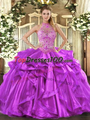 Purple Organza Lace Up Halter Top Sleeveless Floor Length Quinceanera Gowns Beading and Embroidery and Ruffles