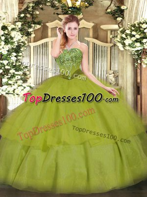 Gorgeous Strapless Sleeveless Lace Up Sweet 16 Dresses Olive Green Tulle