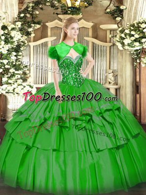 Green Ball Gowns Organza and Taffeta Sweetheart Sleeveless Beading and Ruffled Layers Floor Length Lace Up Quinceanera Dresses