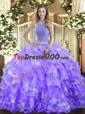 Glorious Lavender High-neck Lace Up Beading and Ruffled Layers Sweet 16 Dresses Sleeveless