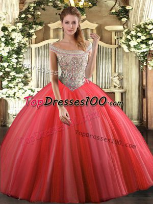 Floor Length Coral Red Sweet 16 Dresses Off The Shoulder Sleeveless Lace Up
