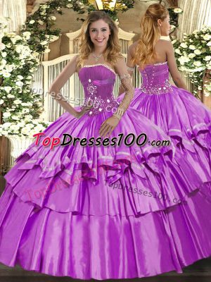 Organza and Taffeta Strapless Sleeveless Lace Up Beading and Ruffled Layers Quinceanera Dress in Lilac