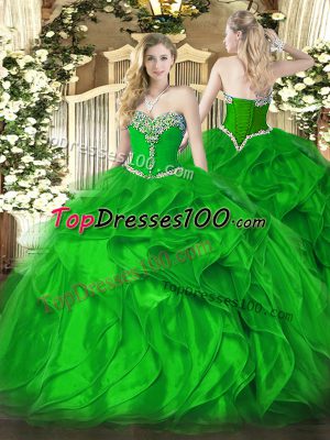 Luxury Ball Gowns Quince Ball Gowns Green Sweetheart Organza Sleeveless Floor Length Lace Up