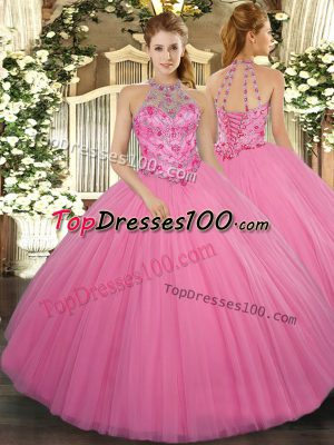 New Arrival Halter Top Sleeveless Tulle Quinceanera Gown Beading Lace Up