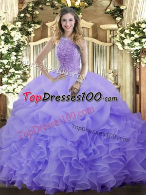 Lavender Ball Gowns Organza High-neck Sleeveless Beading and Ruffles and Pick Ups Floor Length Lace Up Quinceanera Gown