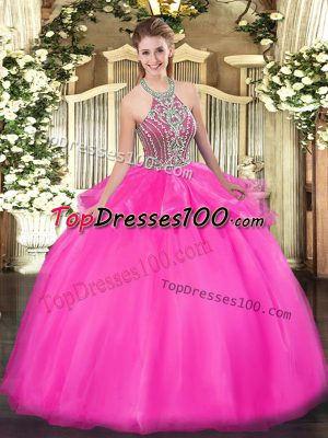 Suitable Hot Pink Lace Up Halter Top Beading and Ruffles 15 Quinceanera Dress Tulle Sleeveless