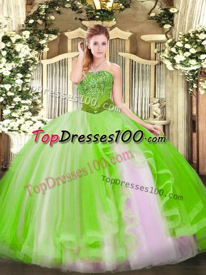 Best Selling Ball Gowns Strapless Sleeveless Tulle Floor Length Lace Up Beading and Ruffles Quinceanera Gown