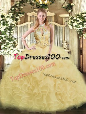 New Arrival Beading and Ruffles Quince Ball Gowns Champagne Lace Up Sleeveless Floor Length
