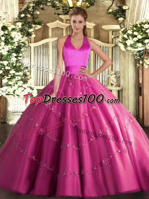 Super Hot Pink Sleeveless Appliques Floor Length Quince Ball Gowns