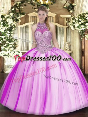 Fuchsia Halter Top Neckline Beading and Appliques 15 Quinceanera Dress Sleeveless Lace Up