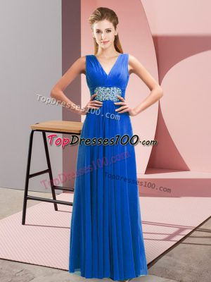 Dazzling Blue Empire V-neck Sleeveless Chiffon Floor Length Lace Up Beading and Ruching Prom Dress