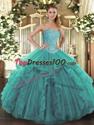 Customized Sleeveless Lace Up Floor Length Beading and Ruffles Quinceanera Gown