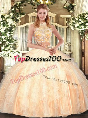 Tulle Halter Top Sleeveless Criss Cross Beading and Ruffles Quinceanera Dress in Peach