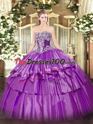 Flare Purple Ball Gowns Organza and Taffeta Strapless Sleeveless Beading and Ruffled Layers Floor Length Lace Up Vestidos de Quinceanera