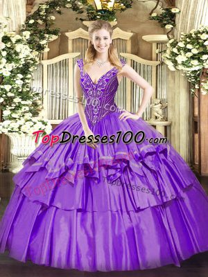 Free and Easy Lavender Sleeveless Floor Length Beading and Ruffled Layers Lace Up Quince Ball Gowns