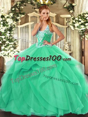 Sweet Turquoise Sleeveless Floor Length Beading and Ruffles Lace Up Quinceanera Gown