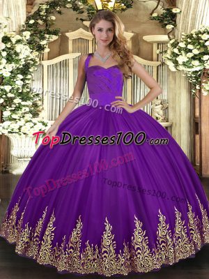 Free and Easy Floor Length Lace Up Ball Gown Prom Dress Purple for Military Ball and Sweet 16 and Quinceanera with Appliques