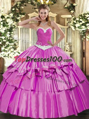 Stunning Sweetheart Sleeveless Sweet 16 Dress Floor Length Appliques and Ruffled Layers Lilac Organza and Taffeta