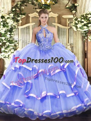 Lavender Ball Gowns Organza Halter Top Sleeveless Beading Floor Length Lace Up Sweet 16 Quinceanera Dress