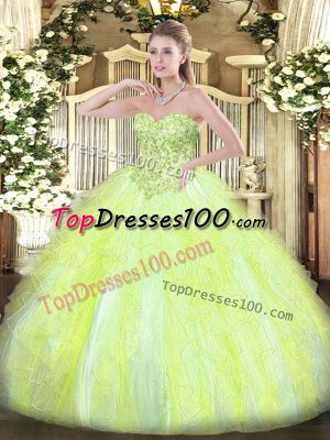 Fashion Sleeveless Floor Length Appliques and Ruffles Lace Up Quinceanera Dress with Yellow Green