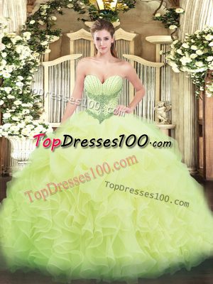 Eye-catching Yellow Green Lace Up Ball Gown Prom Dress Beading and Ruffles and Pick Ups Sleeveless Floor Length