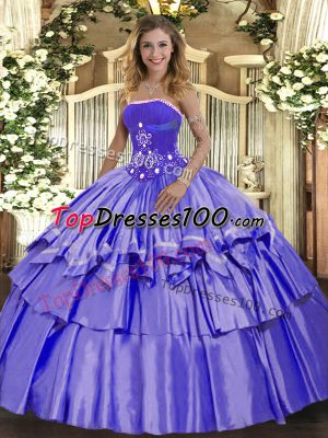 Luxury Lavender Ball Gowns Organza and Taffeta Strapless Sleeveless Beading and Ruffled Layers Floor Length Lace Up Sweet 16 Dress