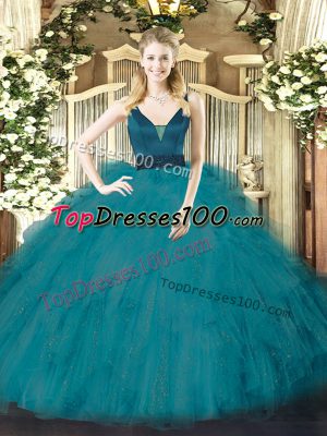 Unique Teal Straps Neckline Beading and Ruffles Quince Ball Gowns Sleeveless Zipper