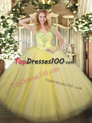 Free and Easy Light Yellow Sleeveless Tulle Lace Up Ball Gown Prom Dress for Military Ball and Sweet 16 and Quinceanera