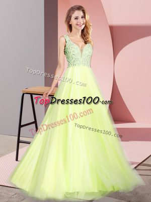 Beautiful V-neck Sleeveless Zipper Prom Dresses Light Yellow Tulle