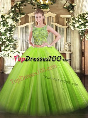 Tulle Scoop Sleeveless Lace Up Beading Ball Gown Prom Dress in Green