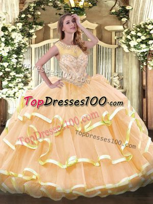 Chic Peach 15th Birthday Dress Prom and Sweet 16 and Quinceanera with Beading and Ruffled Layers Scoop Sleeveless Zipper
