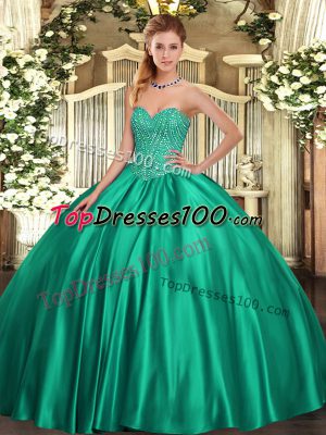 Romantic Turquoise Ball Gowns Satin Sweetheart Sleeveless Beading Floor Length Lace Up Quinceanera Dress