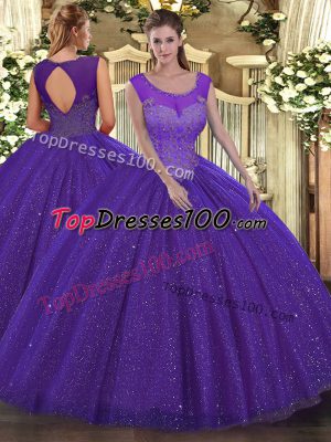 Customized Purple Tulle Backless Scoop Sleeveless Floor Length Ball Gown Prom Dress Beading
