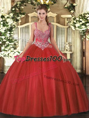Customized Sleeveless Tulle Floor Length Lace Up 15 Quinceanera Dress in Coral Red with Beading