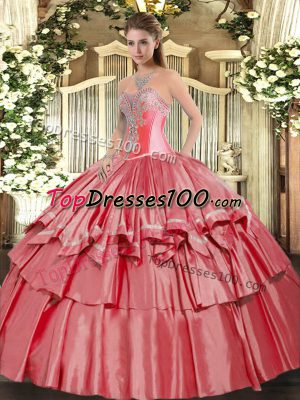 On Sale Coral Red Sleeveless Floor Length Beading and Ruffled Layers Lace Up Sweet 16 Dress