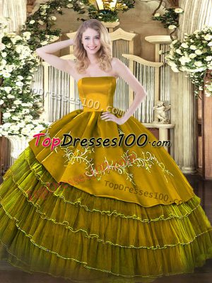 Brown Ball Gowns Strapless Sleeveless Organza and Taffeta Floor Length Zipper Embroidery and Ruffled Layers Quinceanera Gown