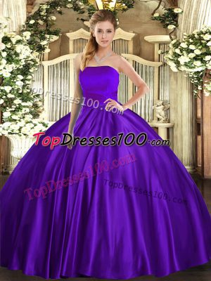 Sleeveless Satin Floor Length Lace Up Vestidos de Quinceanera in Purple with Ruching
