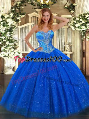 Floor Length Lace Up 15 Quinceanera Dress Royal Blue for Sweet 16 and Quinceanera with Beading